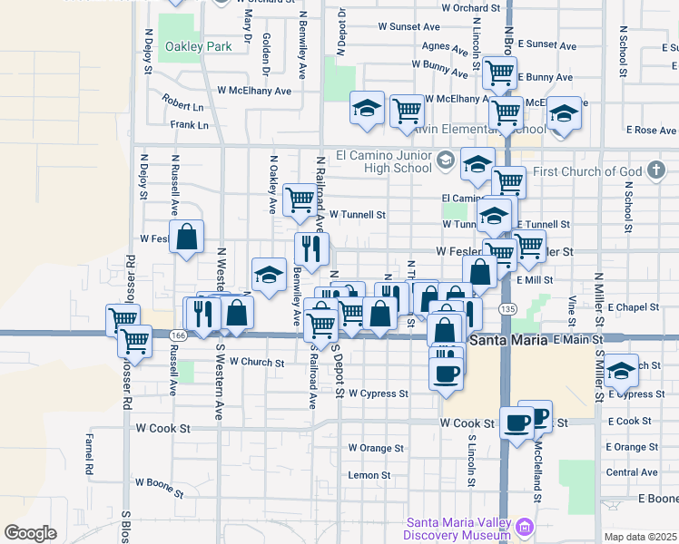 map of restaurants, bars, coffee shops, grocery stores, and more near 615 West Mill Street in Santa Maria