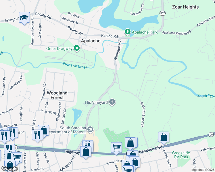 map of restaurants, bars, coffee shops, grocery stores, and more near 663 South Carolina 357 in Greer