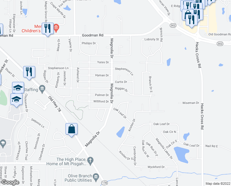 map of restaurants, bars, coffee shops, grocery stores, and more near 10312 Palmer Cove in Olive Branch
