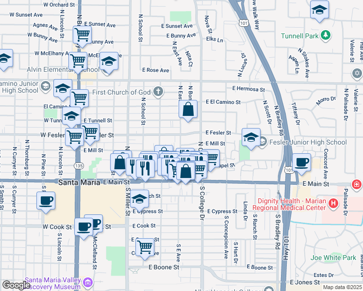 map of restaurants, bars, coffee shops, grocery stores, and more near 713 East Mill Street in Santa Maria