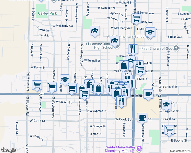 map of restaurants, bars, coffee shops, grocery stores, and more near 525 West Mill Street in Santa Maria