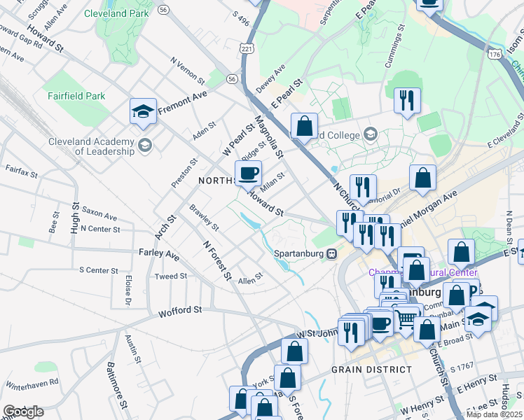 map of restaurants, bars, coffee shops, grocery stores, and more near Raindrop Street in Spartanburg