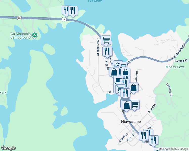 map of restaurants, bars, coffee shops, grocery stores, and more near 606 Waterview Drive in Hiawassee
