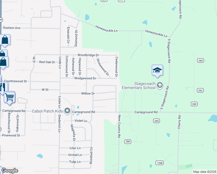 map of restaurants, bars, coffee shops, grocery stores, and more near 54 Krooked Kreek Circle in Cabot