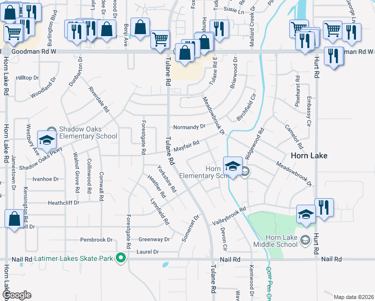 map of restaurants, bars, coffee shops, grocery stores, and more near 3135 Mayfair Road in Horn Lake