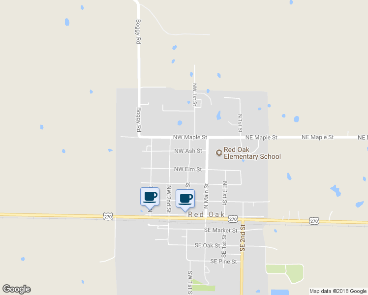 map of restaurants, bars, coffee shops, grocery stores, and more near 508 Northwest 1st Street in Red Oak