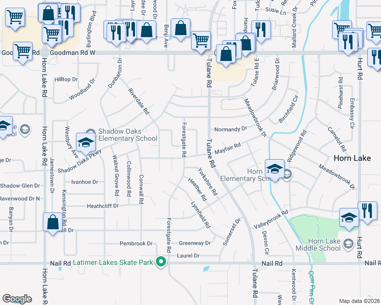 map of restaurants, bars, coffee shops, grocery stores, and more near 3330 Mayfair Road in Horn Lake