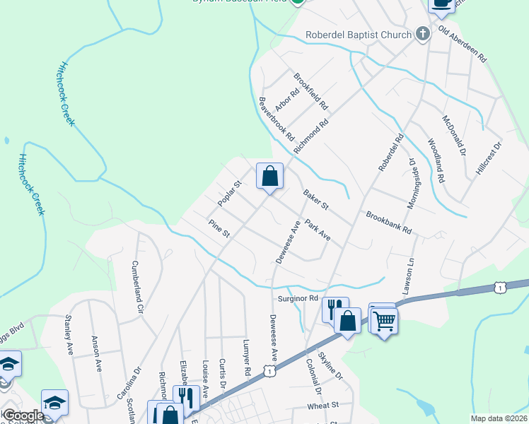 map of restaurants, bars, coffee shops, grocery stores, and more near 714 Richmond Road in Rockingham