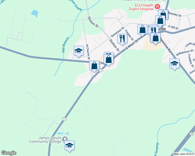 map of restaurants, bars, coffee shops, grocery stores, and more near 109 Southerland Street in Kenansville