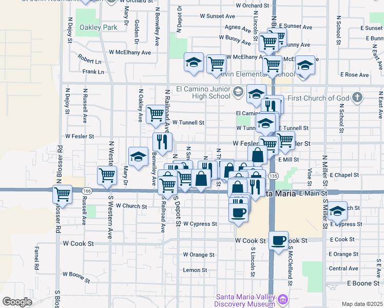 map of restaurants, bars, coffee shops, grocery stores, and more near 525 West Mill Street in Santa Maria