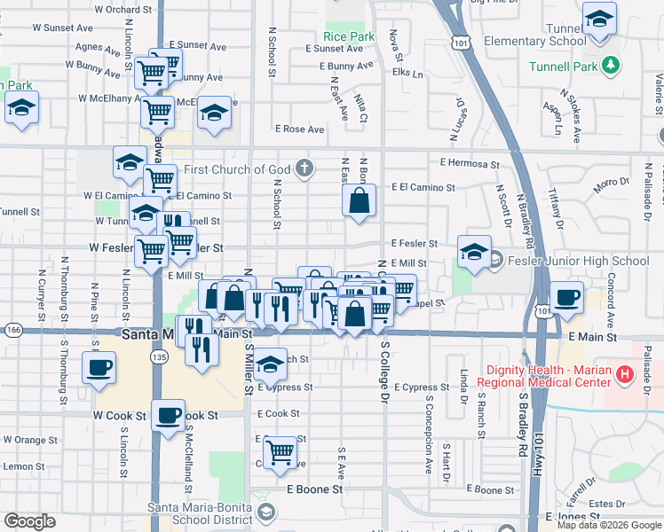 map of restaurants, bars, coffee shops, grocery stores, and more near 625 East Mill Street in Santa Maria
