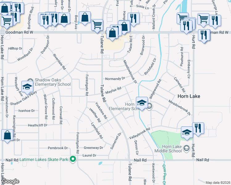 map of restaurants, bars, coffee shops, grocery stores, and more near 3135 Mayfair Road in Horn Lake