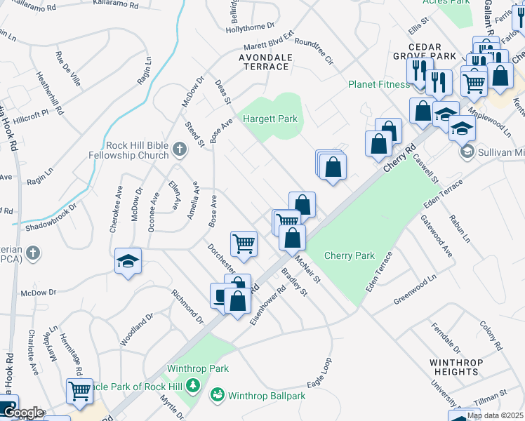map of restaurants, bars, coffee shops, grocery stores, and more near 1054 Park Meadow Drive in Rock Hill