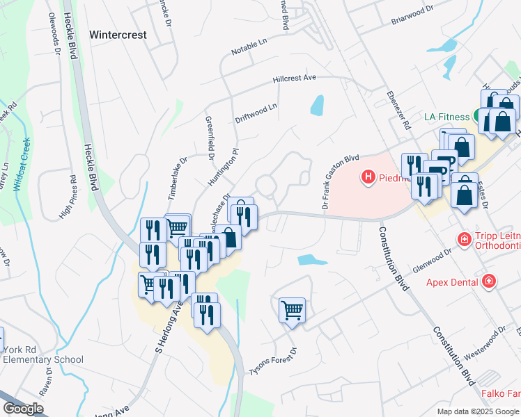 map of restaurants, bars, coffee shops, grocery stores, and more near 356 South Herlong Avenue in Rock Hill