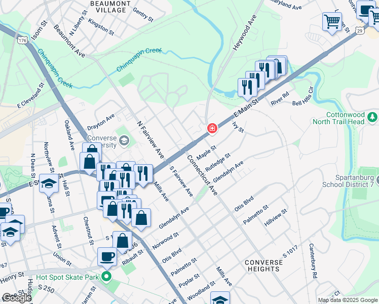 map of restaurants, bars, coffee shops, grocery stores, and more near 701 East Main Street in Spartanburg