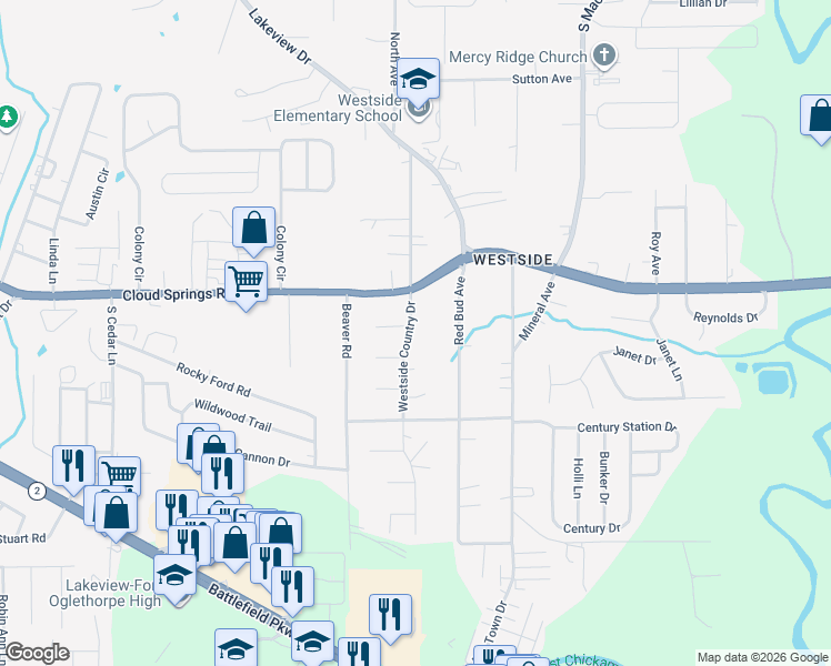 map of restaurants, bars, coffee shops, grocery stores, and more near 3008 Westside Country Drive in Fort Oglethorpe
