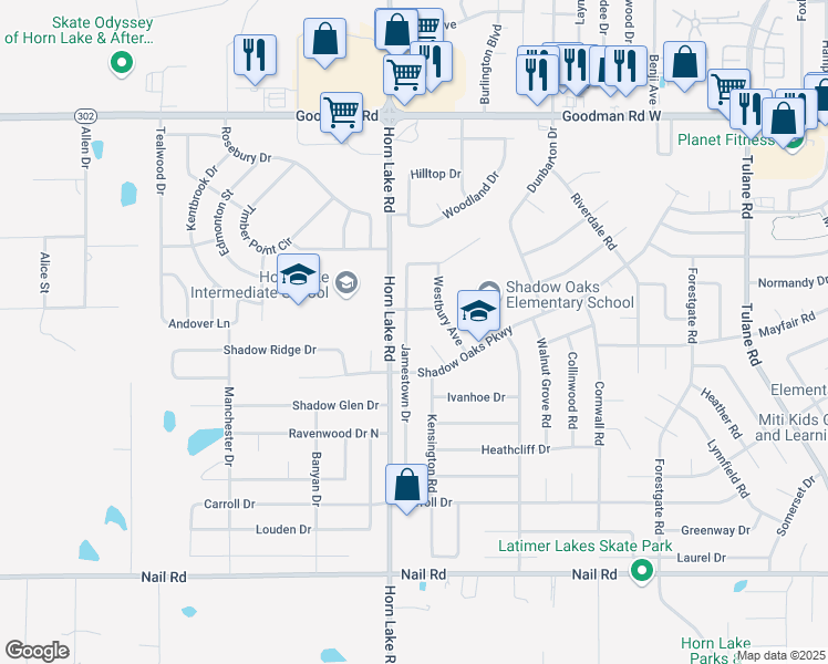 map of restaurants, bars, coffee shops, grocery stores, and more near 6550 Jamestown Drive in Horn Lake
