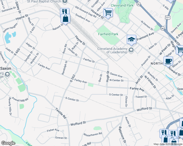 map of restaurants, bars, coffee shops, grocery stores, and more near 505 Franklin Street in Spartanburg