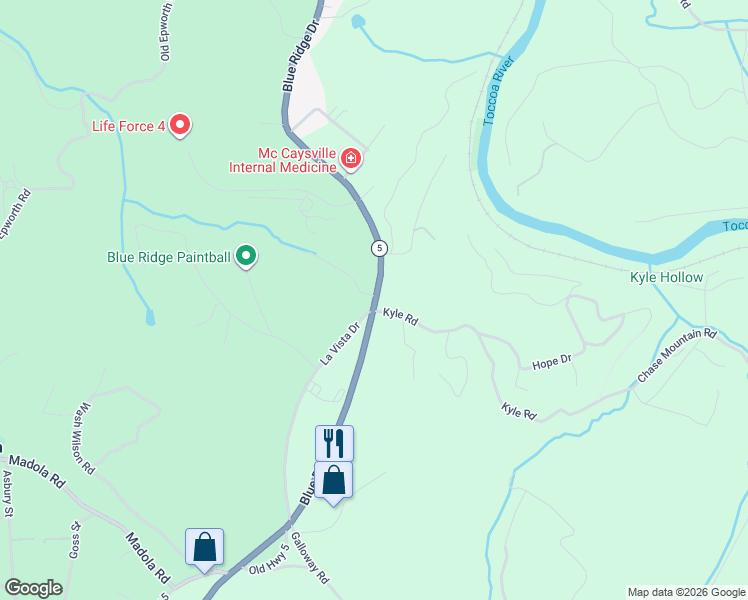 map of restaurants, bars, coffee shops, grocery stores, and more near 2494 Blue Ridge Drive in Blue Ridge