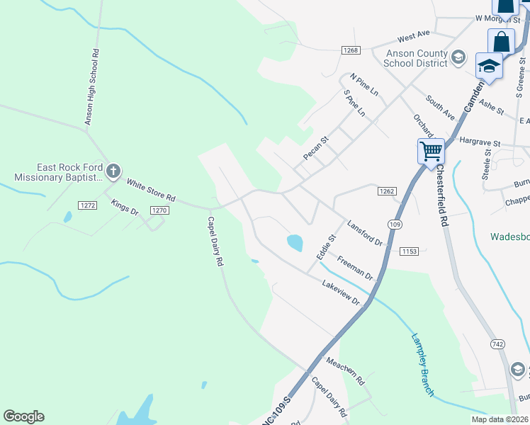 map of restaurants, bars, coffee shops, grocery stores, and more near 55 Springfield Drive in Wadesboro