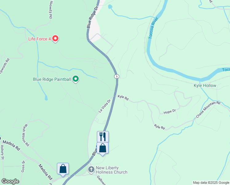 map of restaurants, bars, coffee shops, grocery stores, and more near 2494 Blue Ridge Drive in Blue Ridge