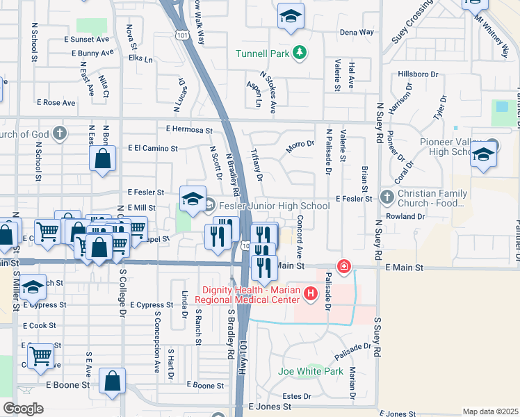 map of restaurants, bars, coffee shops, grocery stores, and more near 310 El Calle Jon in Santa Maria