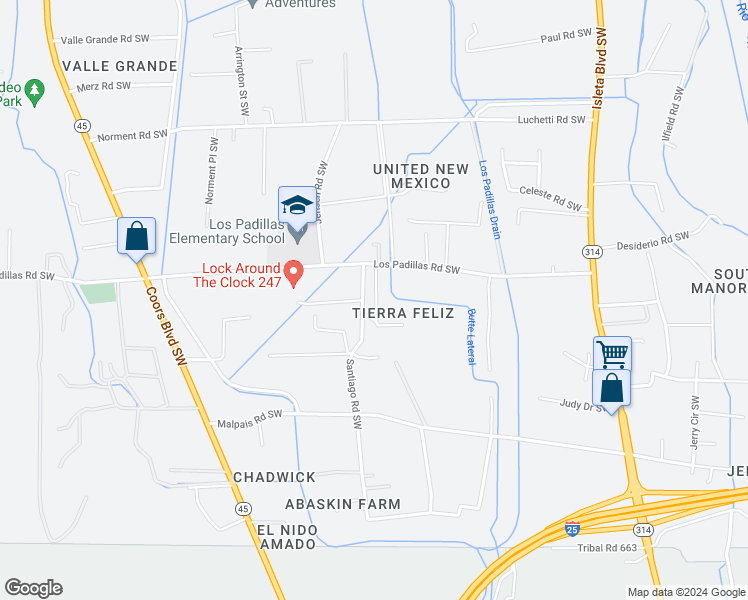 map of restaurants, bars, coffee shops, grocery stores, and more near 7422 Sefton Road Southwest in Albuquerque