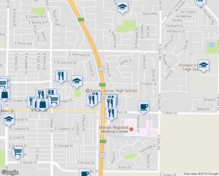 map of restaurants, bars, coffee shops, grocery stores, and more near 310 El Calle Jon in Santa Maria