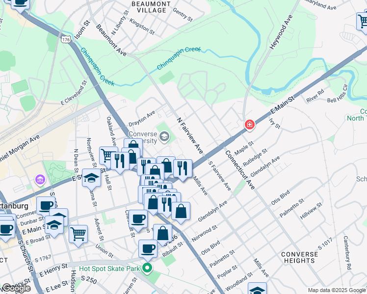map of restaurants, bars, coffee shops, grocery stores, and more near 580 East Main Street in Spartanburg