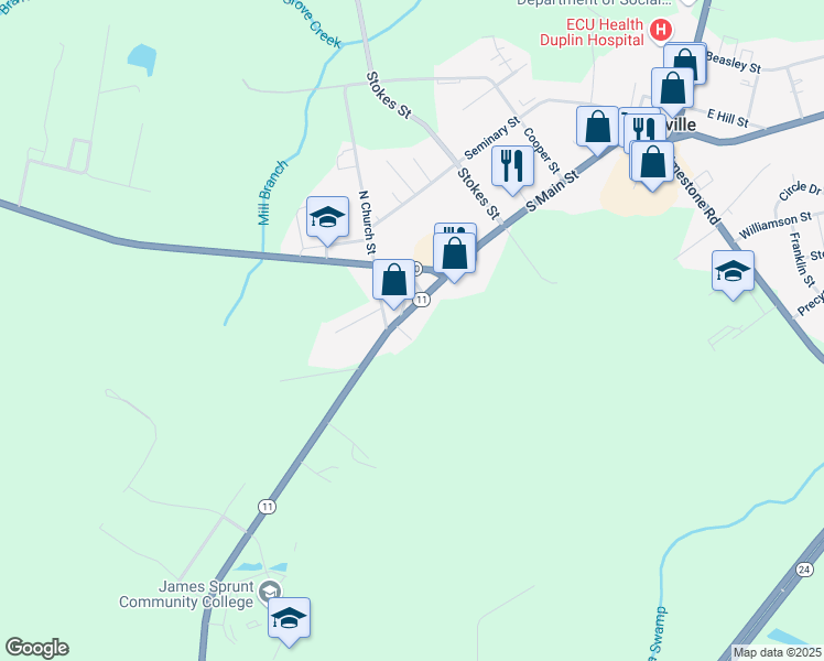 map of restaurants, bars, coffee shops, grocery stores, and more near 109 Southerland Street in Kenansville
