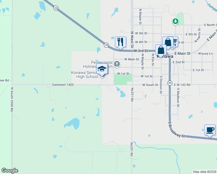 map of restaurants, bars, coffee shops, grocery stores, and more near 700 Konawa Street in Konawa