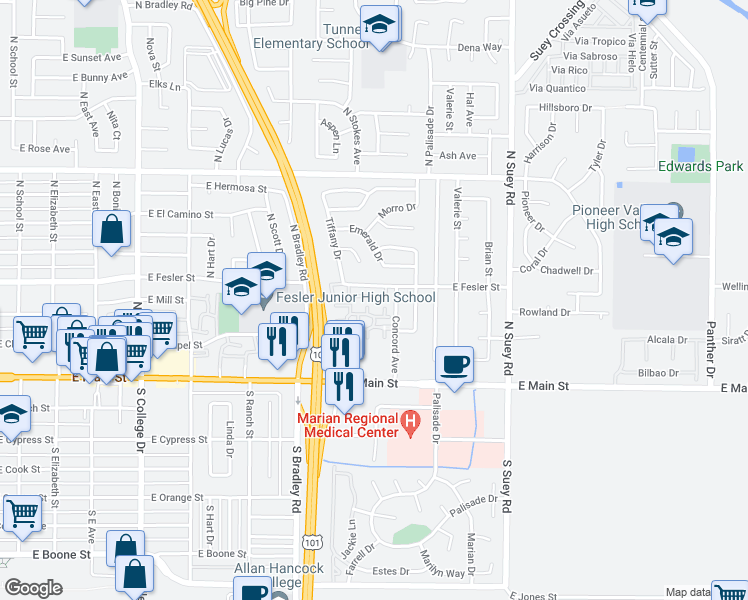 map of restaurants, bars, coffee shops, grocery stores, and more near 1224 Calle De Campo in Santa Maria