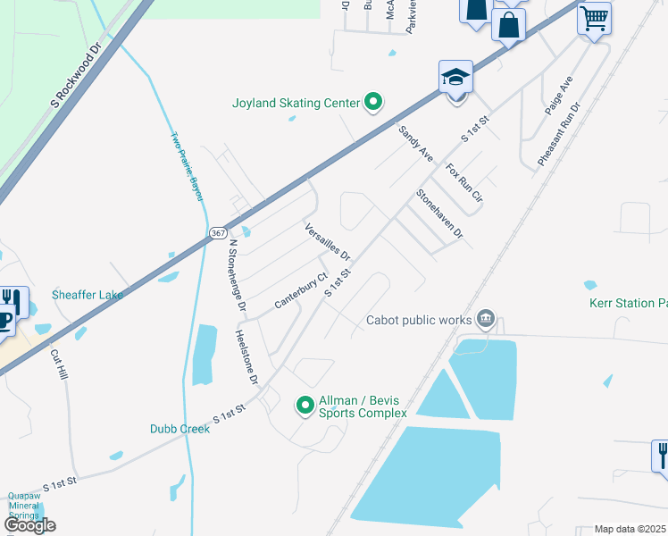 map of restaurants, bars, coffee shops, grocery stores, and more near 2404 Canterbury Court in Cabot