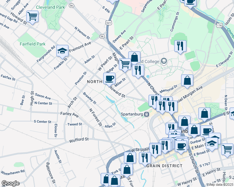 map of restaurants, bars, coffee shops, grocery stores, and more near 500 Howard Street in Spartanburg