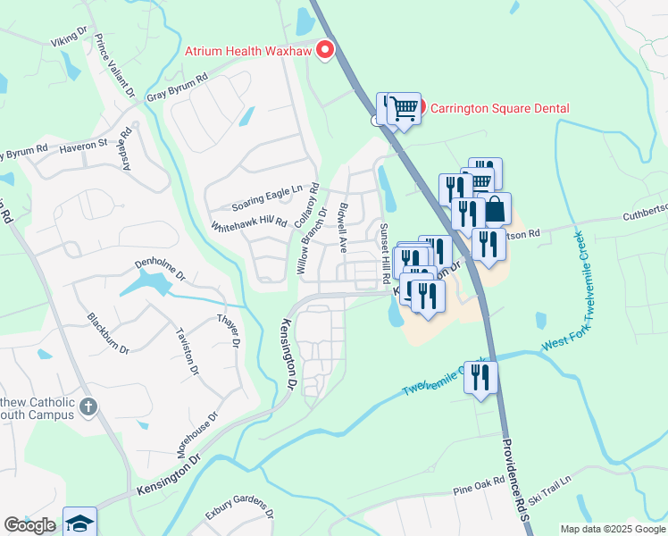 map of restaurants, bars, coffee shops, grocery stores, and more near 8112 Lynwood Square in Waxhaw