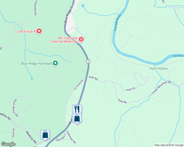 map of restaurants, bars, coffee shops, grocery stores, and more near 2494 Blue Ridge Drive in Blue Ridge