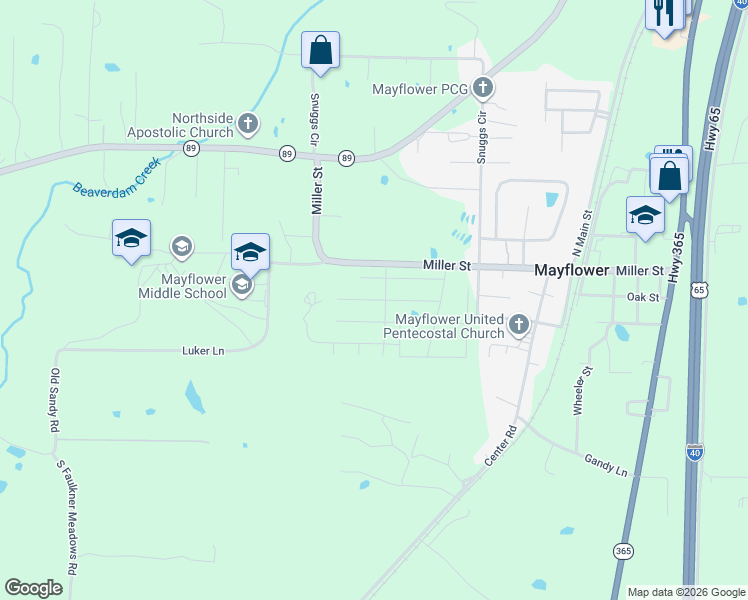 map of restaurants, bars, coffee shops, grocery stores, and more near 2 Sunbelt Court in Mayflower