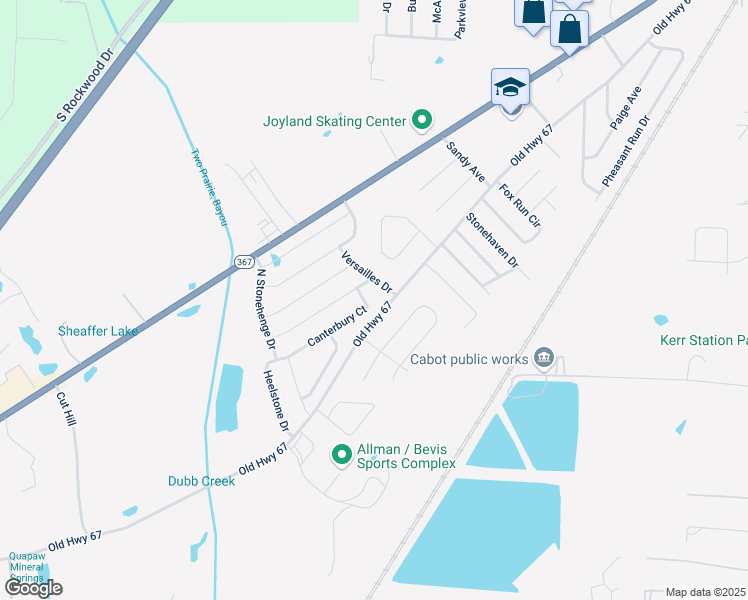 map of restaurants, bars, coffee shops, grocery stores, and more near 2417 Versailles Drive in Cabot