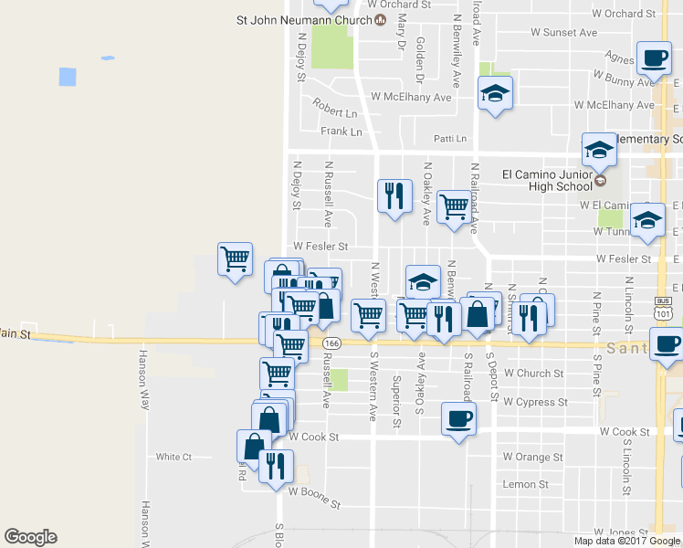 map of restaurants, bars, coffee shops, grocery stores, and more near 310 North Russell Avenue in Santa Maria
