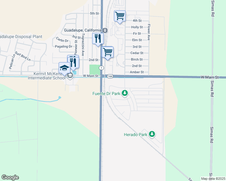 map of restaurants, bars, coffee shops, grocery stores, and more near 4575 Castillo Drive in Guadalupe