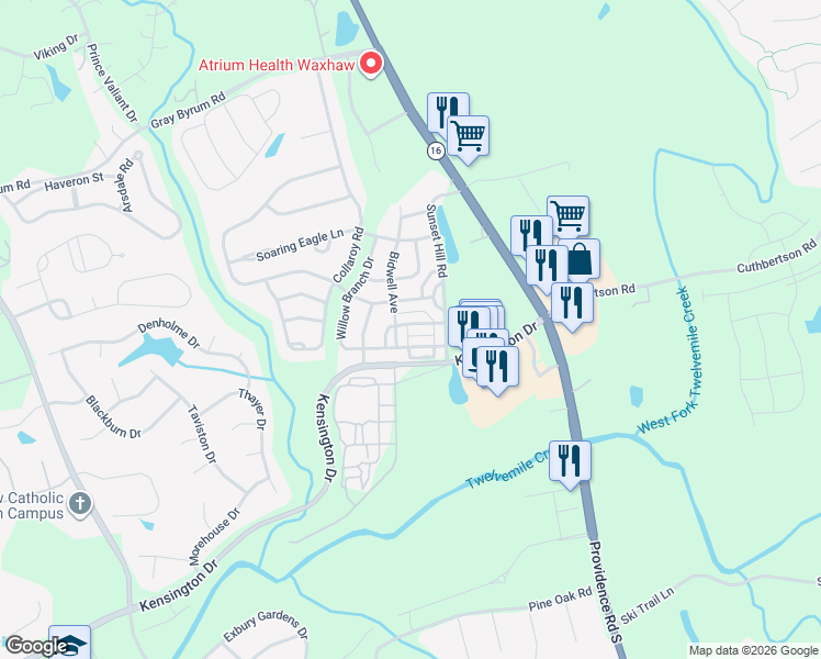 map of restaurants, bars, coffee shops, grocery stores, and more near 8049 Lynwood Square in Waxhaw