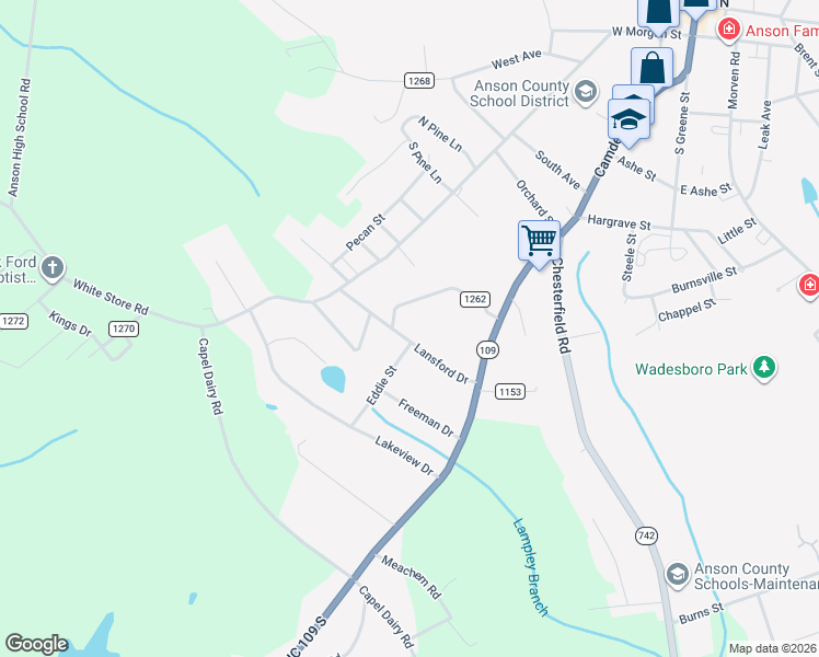 map of restaurants, bars, coffee shops, grocery stores, and more near 340 Lansford Drive in Wadesboro