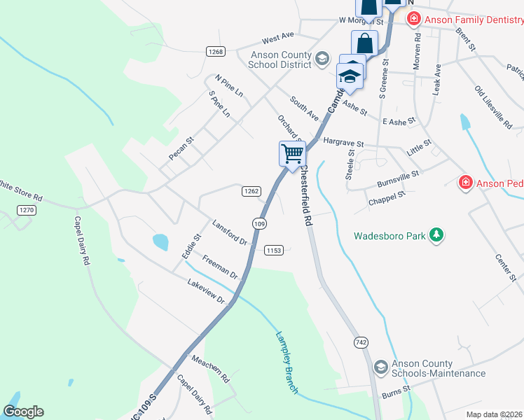 map of restaurants, bars, coffee shops, grocery stores, and more near 1202 North Carolina 109 in Wadesboro