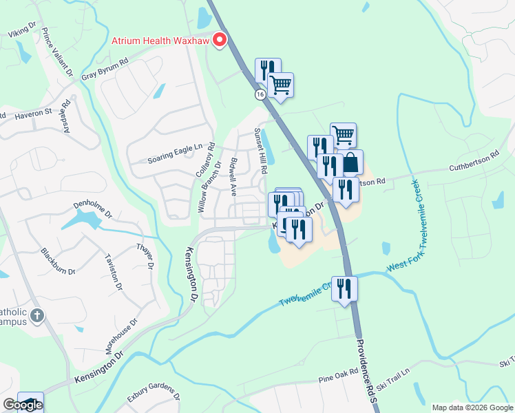 map of restaurants, bars, coffee shops, grocery stores, and more near 8001 Lynwood Square in Waxhaw