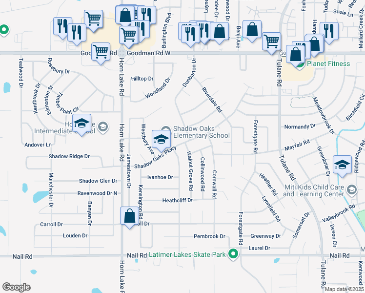map of restaurants, bars, coffee shops, grocery stores, and more near 3675 Shadow Oaks Parkway in Horn Lake