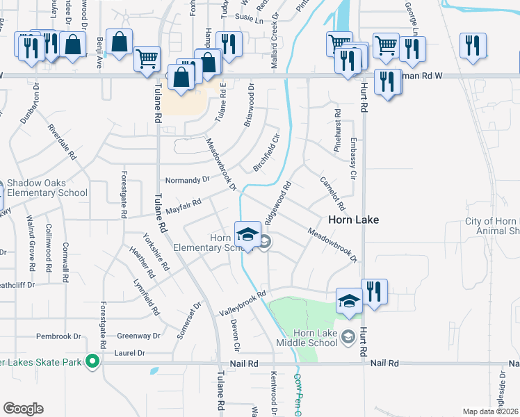 map of restaurants, bars, coffee shops, grocery stores, and more near 2785 Meadowbrook Drive in Horn Lake