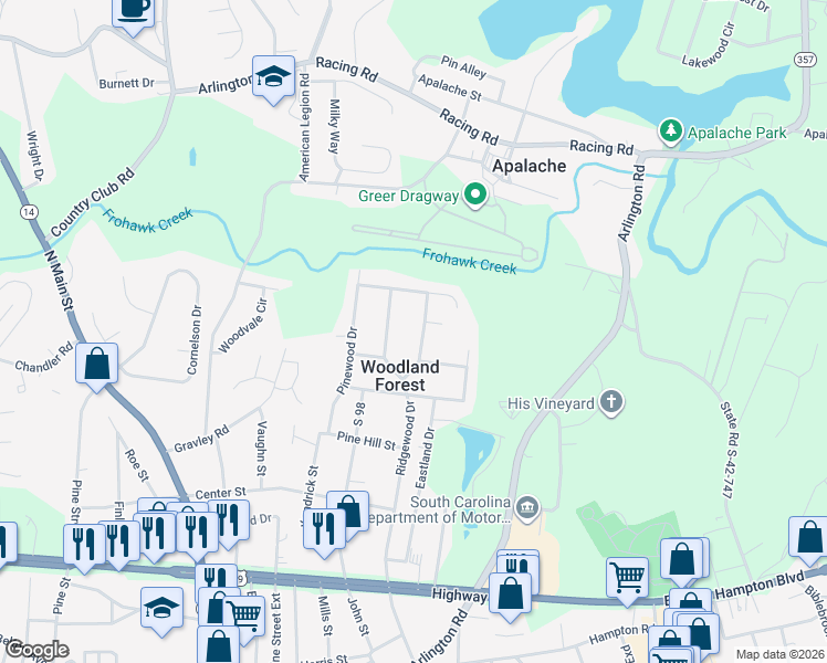 map of restaurants, bars, coffee shops, grocery stores, and more near 107 Morningside Drive in Greer