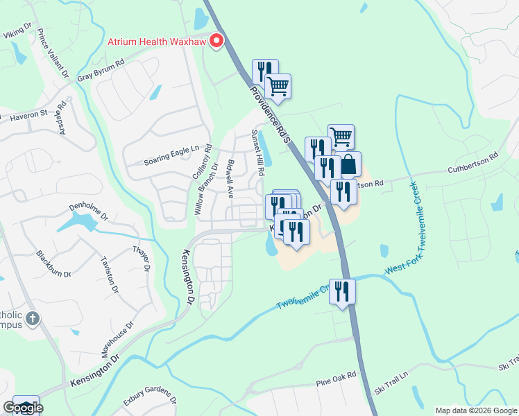map of restaurants, bars, coffee shops, grocery stores, and more near 8001 Lynwood Square in Waxhaw