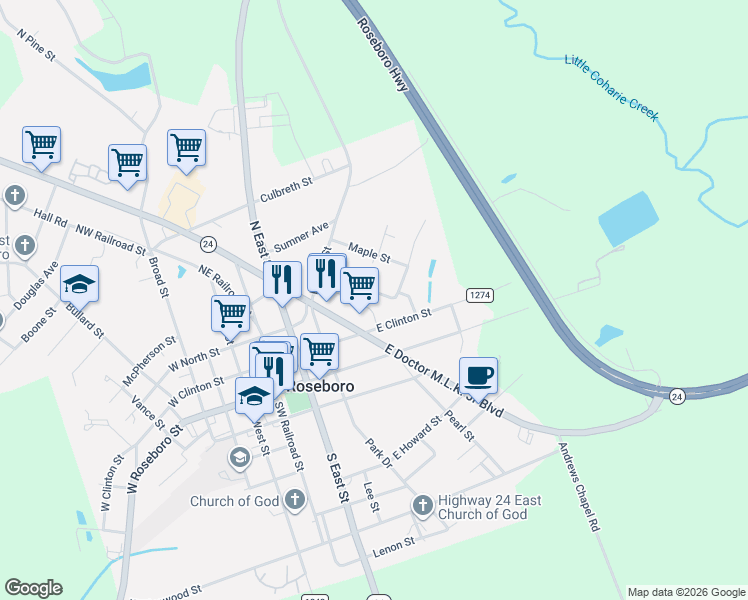 map of restaurants, bars, coffee shops, grocery stores, and more near 4 Oak Street in Roseboro