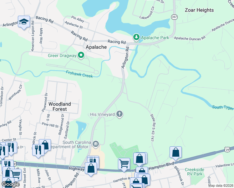 map of restaurants, bars, coffee shops, grocery stores, and more near 663 South Carolina 357 in Greer